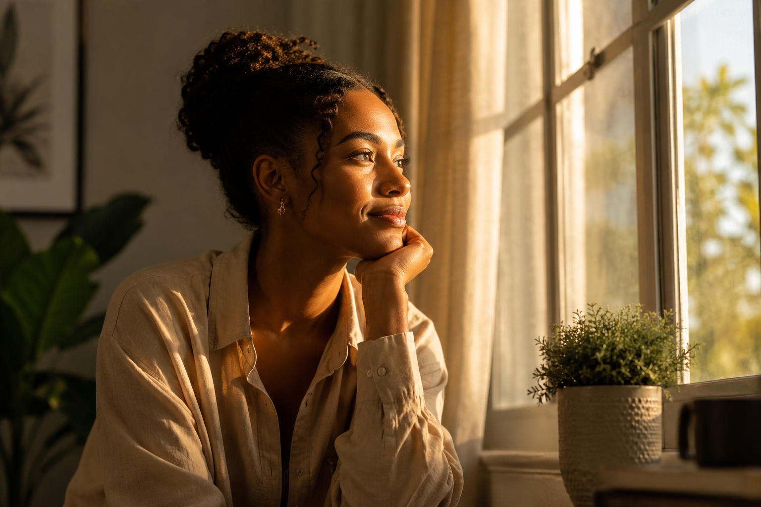 Woman looking out a window in warm morning light